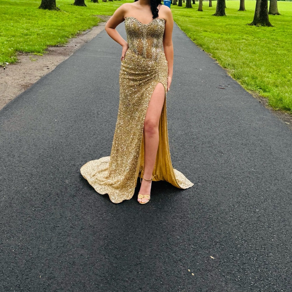 Portia and Scarlett Gold Strapless Gown